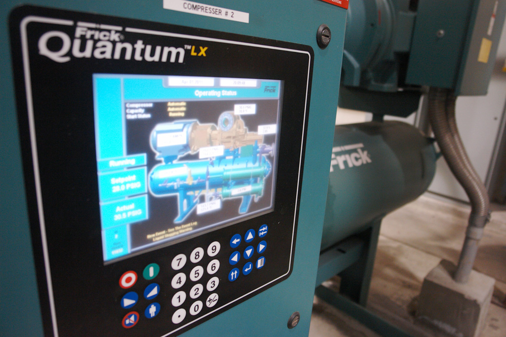 A Frick Quantum LX control panel on compressor number two, its screen showing live operating status and suction pressure